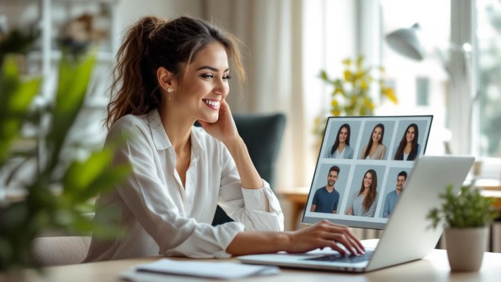 Professional confidently choosing between headshot options on screen